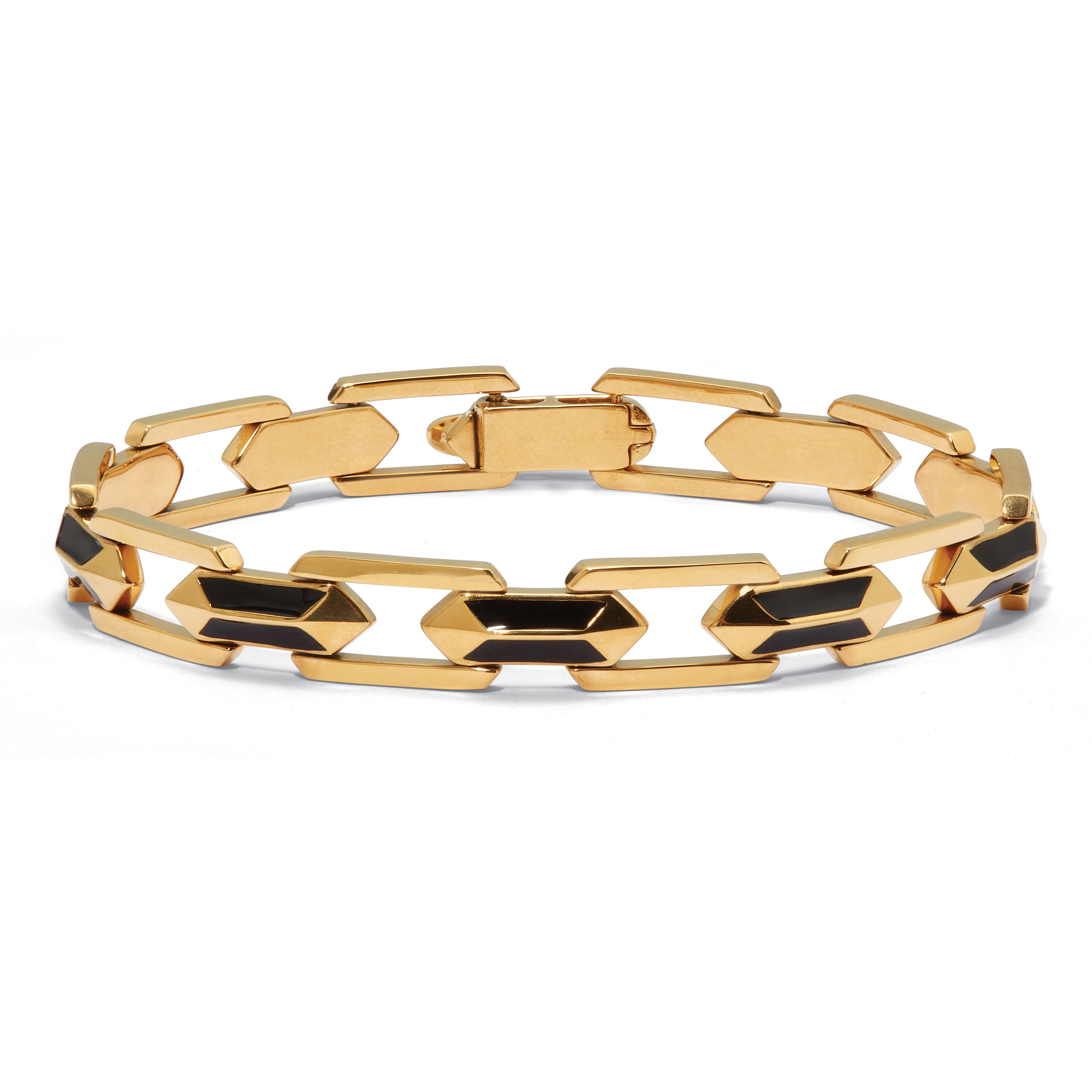 Men's Gold Ion-Plated Stainless Steel and Black Enamel Link Bracelet 8-inch, GOLD, hi-res image number 0