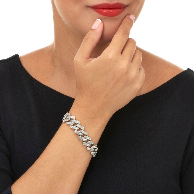 Round Crystal Silvertone Link Bracelet 9-inch, WHITE, alternate image number 2