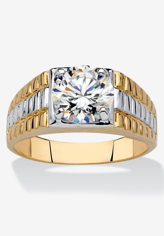Yellow Gold Plated Cubic Zirconia Two-Tone Textured Ring, GOLD, hi-res image number 0