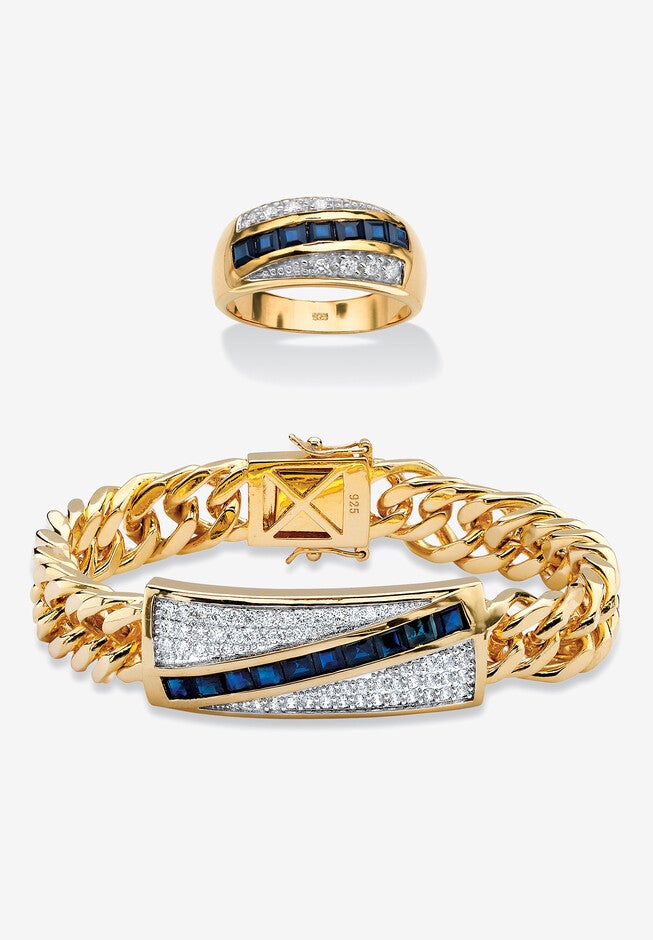 Men's Yellow Gold over Sterling Silver Square Sapphire and Round Ring Cubic Zirconia (7 5/8 cttw), SAPPHIRE CUBIC ZIRCONIA, hi-res image number 0