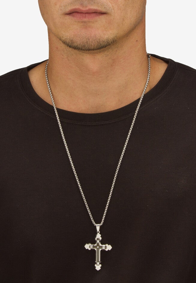 Men'S Stainless Steel Gothic Wrapped Double Cross Pendant (33Mm) Round Crystal With 24 Inch Chain, , alternate image number null