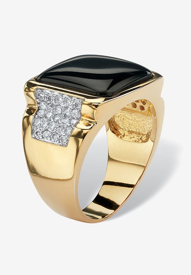 Men's 14K Yellow Gold-plated Natural Onyx and Round Cubic Zirconia Cabochon Ring, , on-hover image number 1