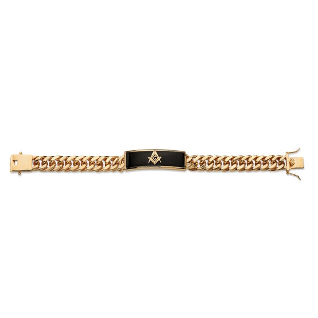 Men's Genuine Onyx Masonic Gold-Plated Insignia Curb-Link Bracelet 8 inches, BLACK, alternate image number null