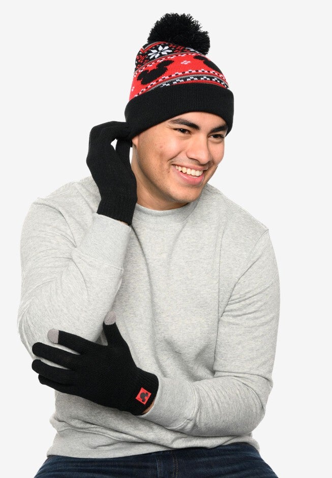 Men's Mickey Mouse Knit Beanie Hat & Touch Screen Gloves 2-Piece Set, BLACK, alternate image number 1