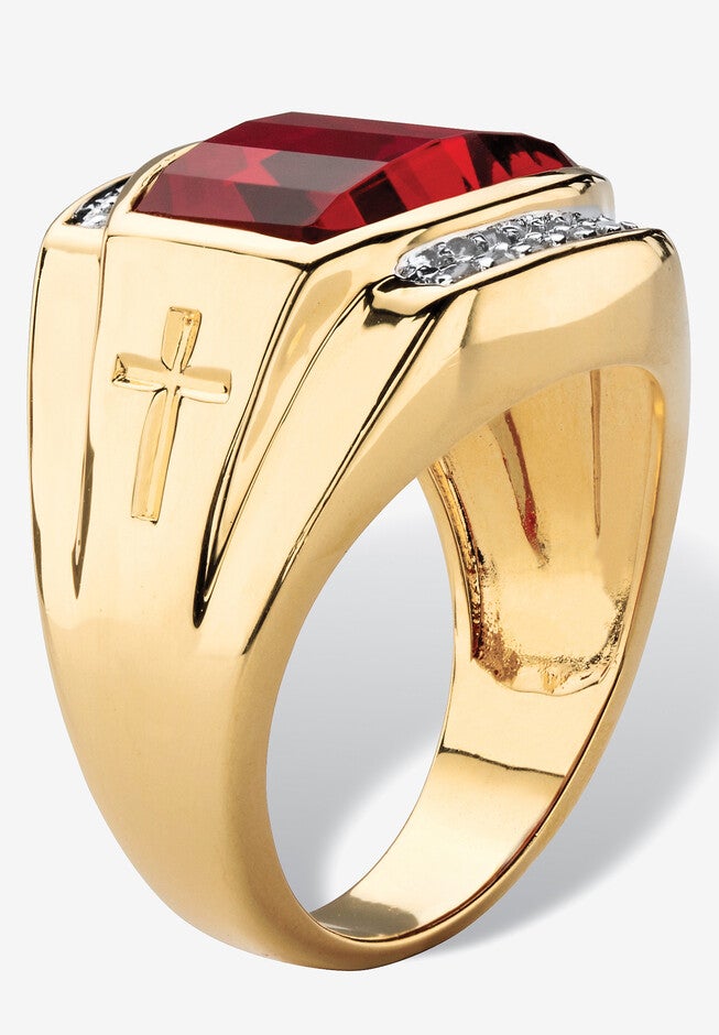 Men's Yellow Gold-Plated Created Ruby White and Diamond Accent Ring, , on-hover image number 1