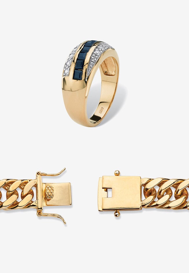 Men's Yellow Gold over Sterling Silver Square Sapphire and Round Ring Cubic Zirconia (7 5/8 cttw), , on-hover image number 1