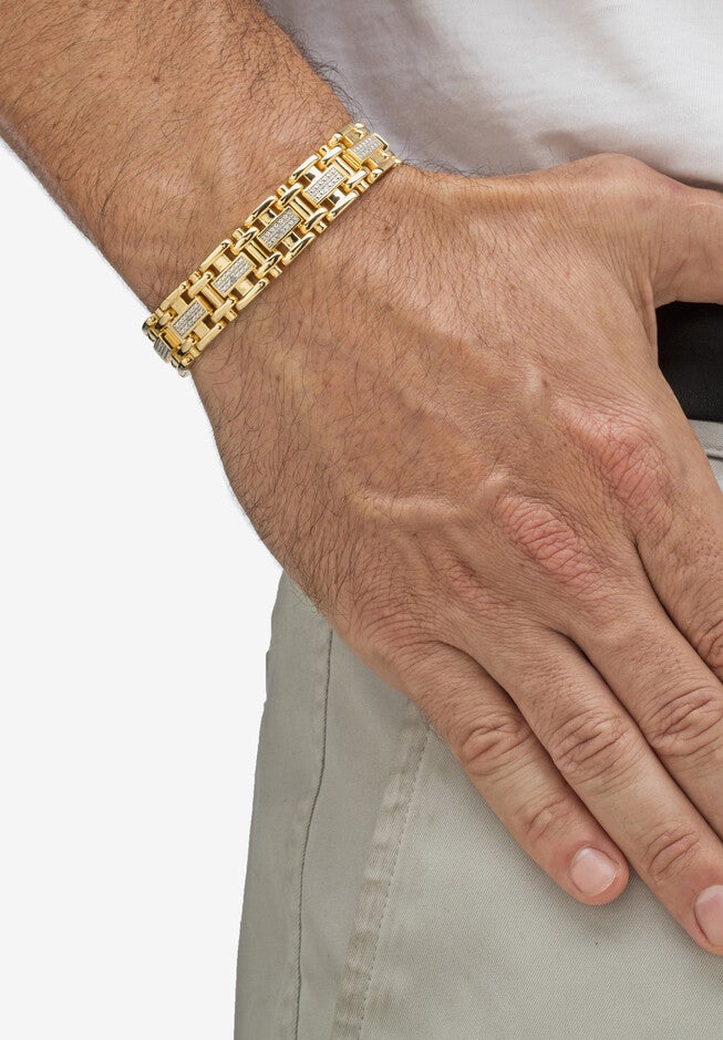 Men's Yellow Gold Plated Link Bracelet (14mm), Genuine Diamond Accent 9.5 inches, , alternate image number null