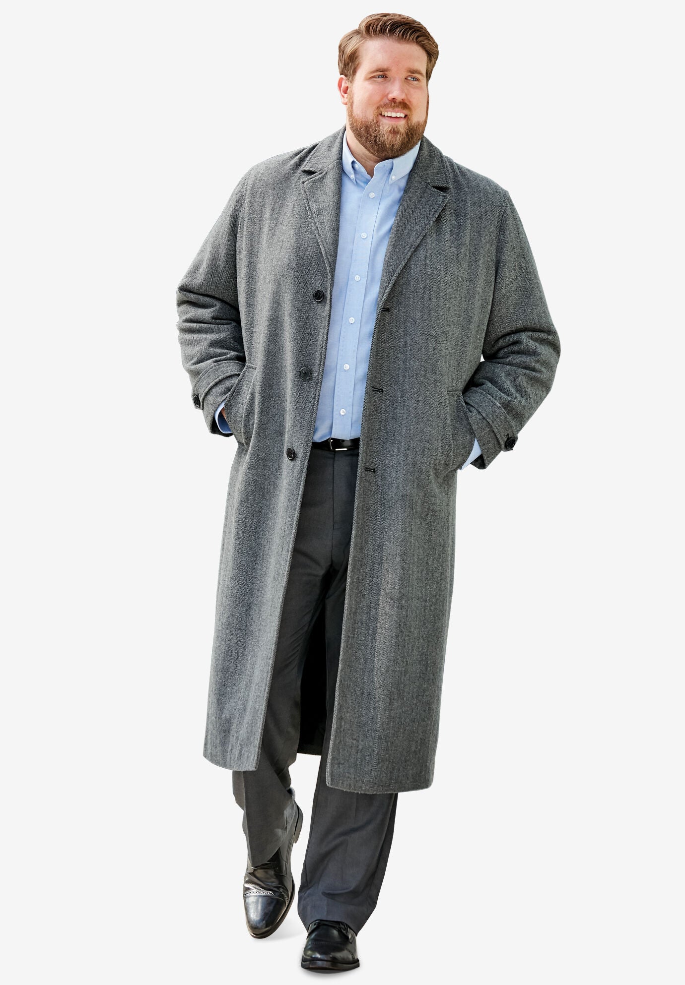 Wool Blend Long Overcoat Warm Big Tall Style Charcoal Herringbone King Size