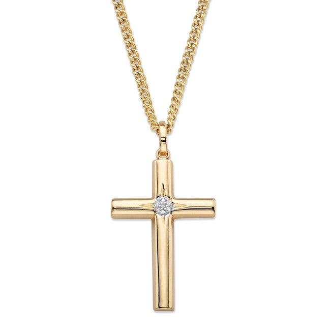 Diamond Accent Gold-Plated Etched Cross Pendant Curb-Link Necklace 22 inches, WHITE, hi-res image number 0