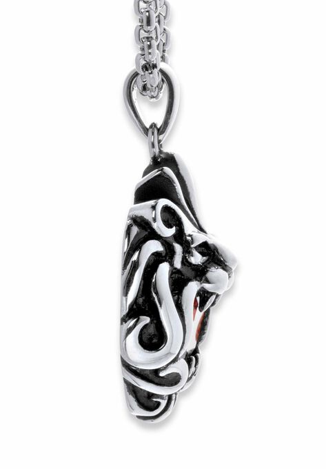 Square-Cut Red Cubic Zirconia Tribal Lion Pendant Necklace In Antiqued Stainless Steel 24" Chain, , on-hover image number null
