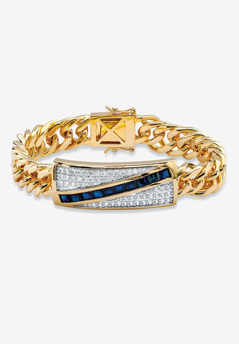 Yellow Gold-Plated Link 8" Bracelet with Sapphire and Cubic Zirconia Accents, GOLD, hi-res image number null