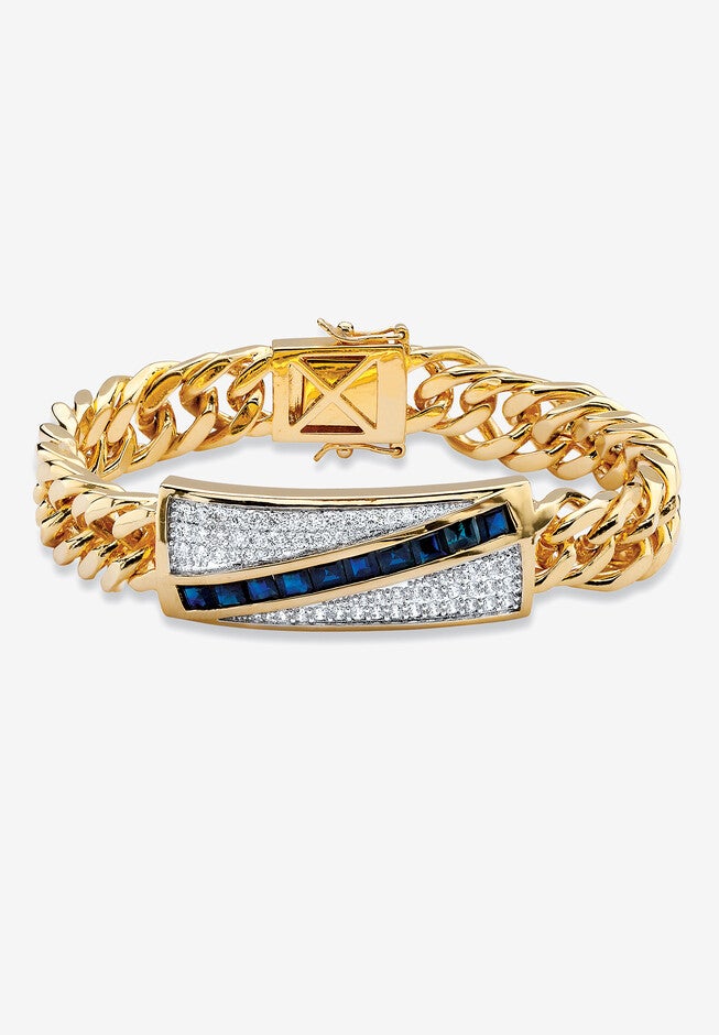 Yellow Gold-Plated Link 8 inches Bracelet with Sapphire and Cubic Zirconia Accents, GOLD, hi-res image number 0