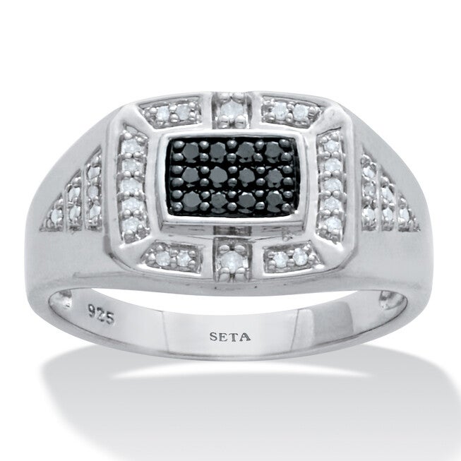 Men's .2 TCW Platinum Over Sterling Silver Black and White Diamond Square Ring, BLACK, hi-res image number null