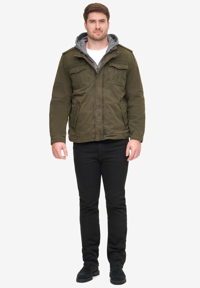 Removable Jersey Hooded Military Jacket, OLIVE, hi-res image number 0