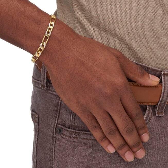 Men's Diamond Accent Pave-Style Gold-Plated Figaro-Link Bracelet 8.5 inches, WHITE, alternate image number null