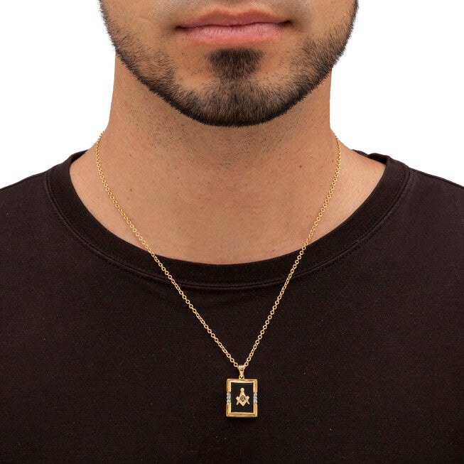 Men's Genuine Black Onyx Masonic Pendant Necklace Yellow Gold-Plated 20 inches, BLACK, alternate image number null