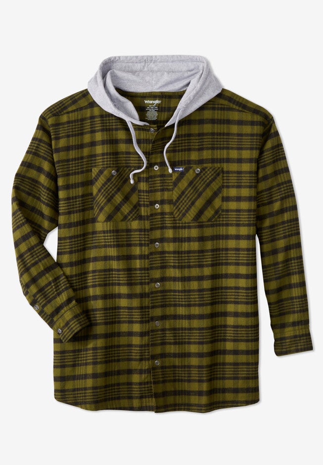Hooded Flannel Plaid Shirt, OLIVE BLACK, hi-res image number null