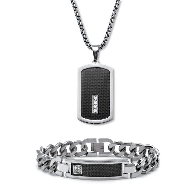 Men's Crystal Black Ion-Plated Stainless Steel Dog Tag Necklace Set 26 Inch, WHITE, hi-res image number 0