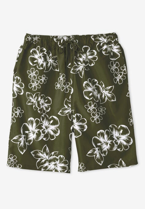 Hibiscus Print 8" Swim Trunks, OLIVE GREEN, hi-res image number null