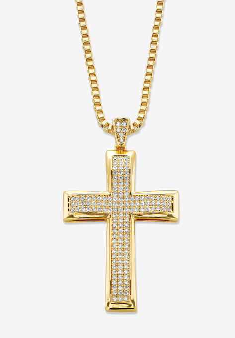 Yellow Gold Plated Cubic Zirconia Studded Cross Pendant with 24" Chain, GOLD, hi-res image number null