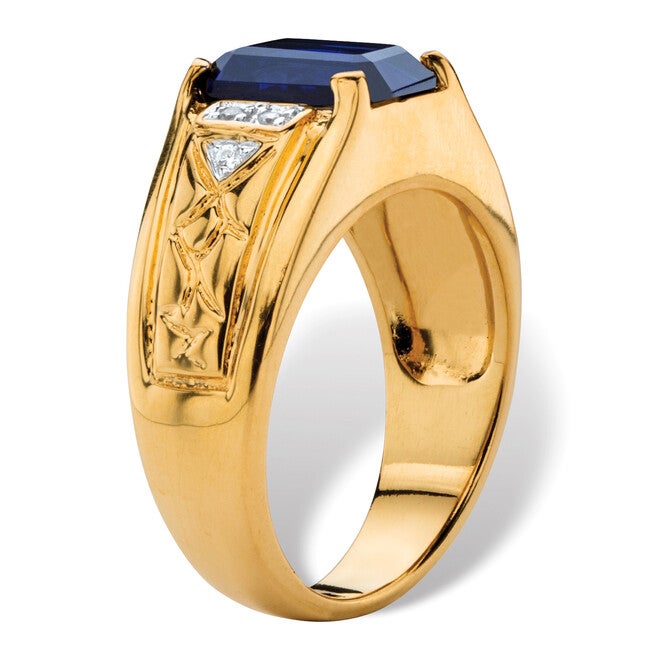 Men's Created Blue Sapphire Diamond Accent 18k Gold-Plated Etched Ring, BLUE, on-hover image number 1