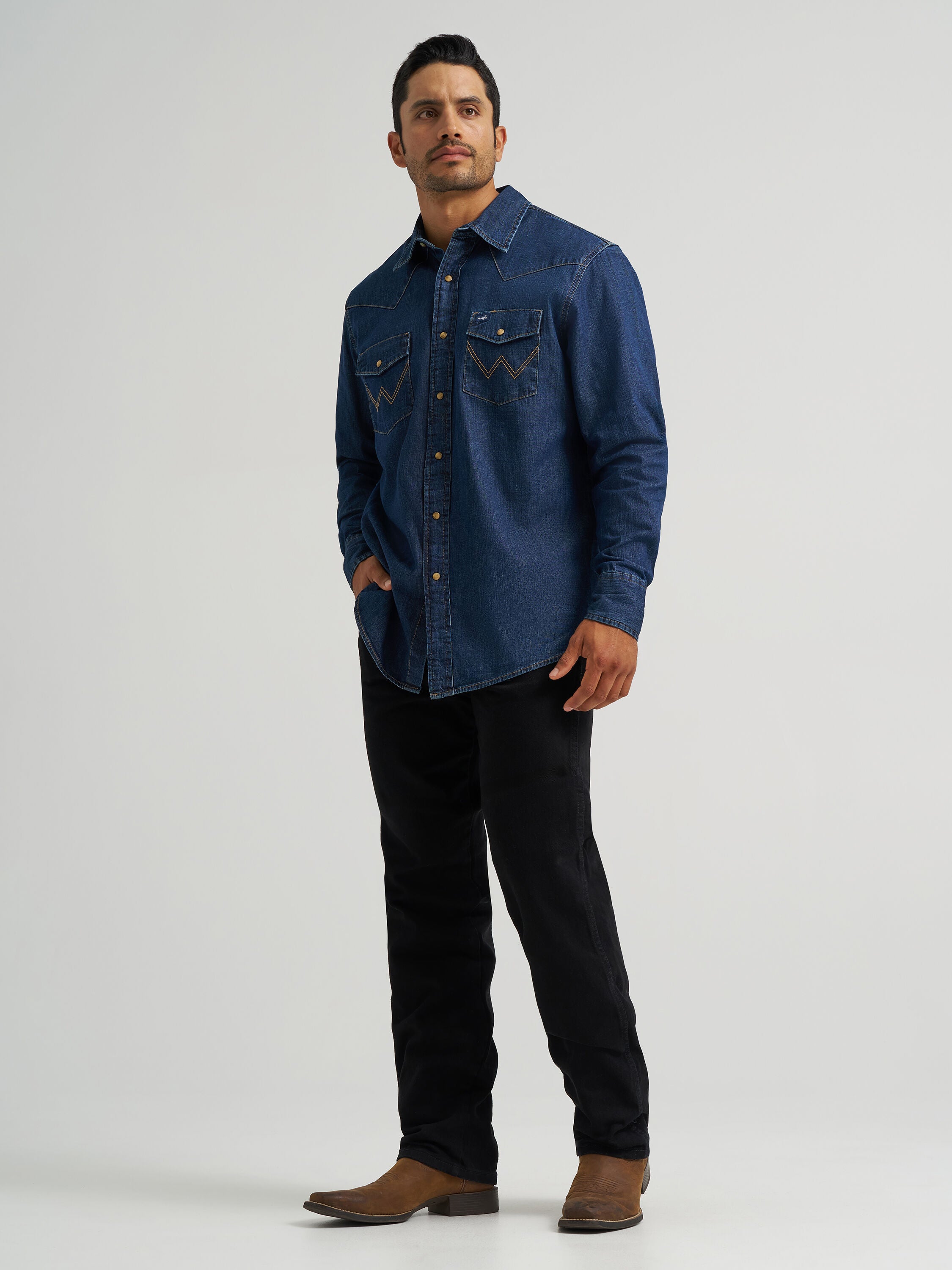 Wrangler Classic Denim Western Snap Shirt, DARK DENIM, alternate image number 3
