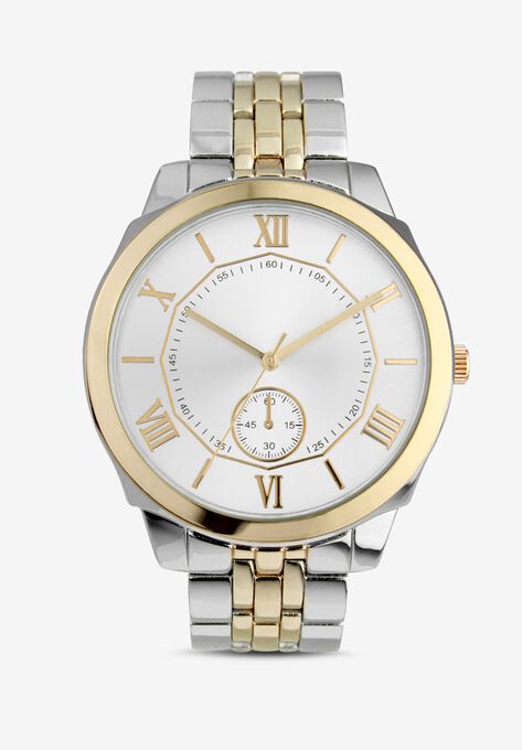 Two-Tone Metal Link Watch, BRUSHED GOLD SILVER, hi-res image number null