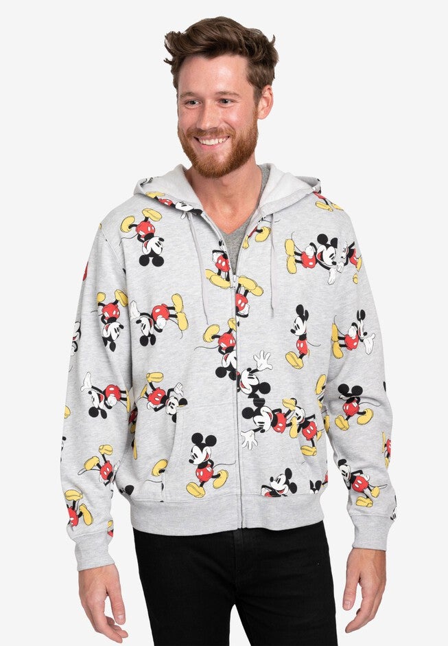 Men's Disney Mickey Mouse Zip Hoodie All-Over Print Sweatshirt Gray, GRAY, alternate image number null