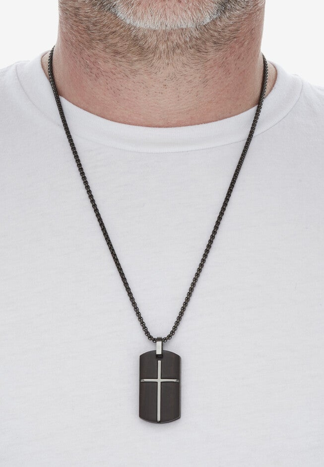 Men'S Black Ion-Plated Stainless Steel Dog Tag Pendant Cross Necklace 26 Inch Jewelry, , alternate image number null