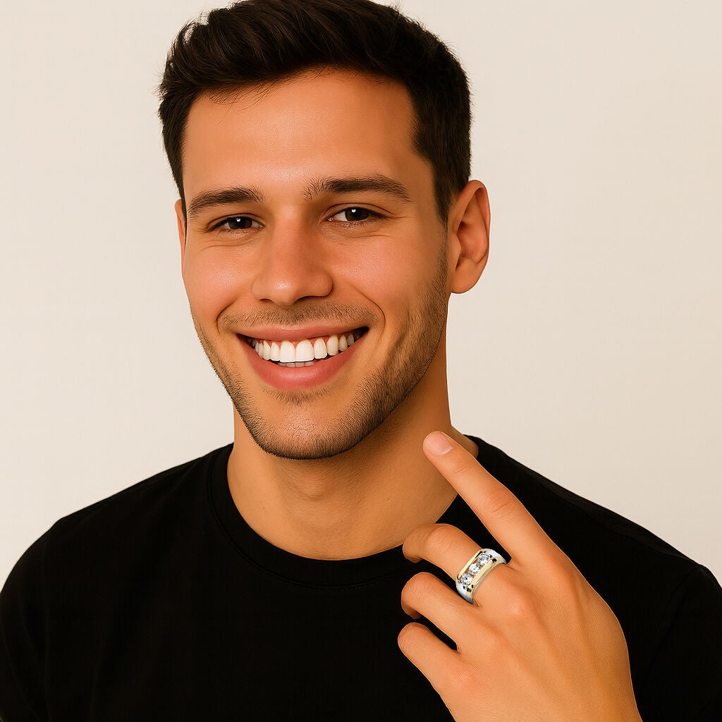 Men&#39;s 1.50 TCW Channel-Set CZ Gold-Plated Sterling Silver 3-Stone Ring, WHITE, alternate image number 2