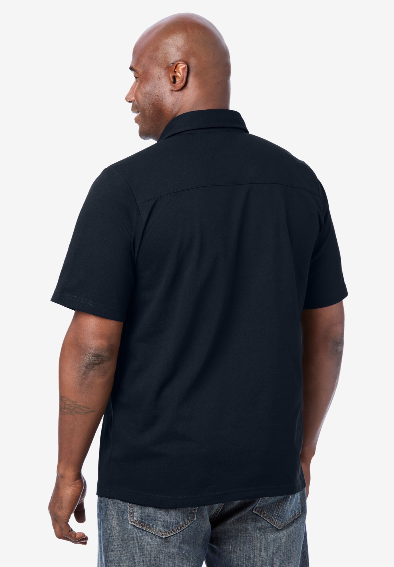 Lightweight Stretch Mesh Pique Polo, BLACK, on-hover image number 1