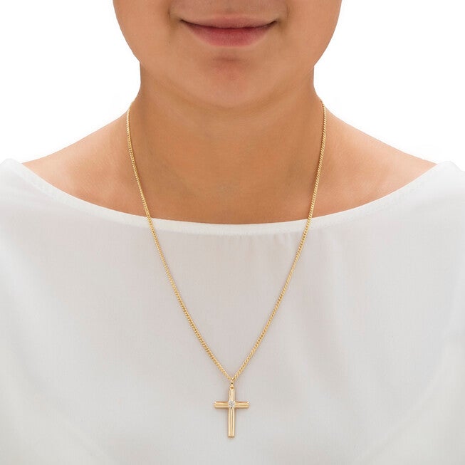 Diamond Accent Gold-Plated Etched Cross Pendant Curb-Link Necklace 22 inches, WHITE, alternate image number 2
