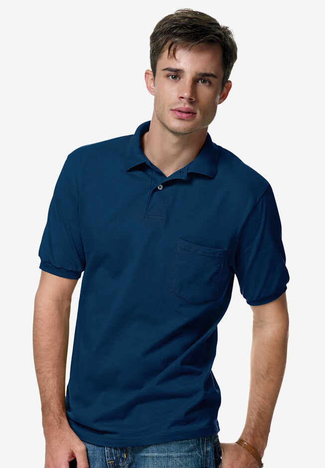 Hanes® Cotton-Blend EcoSmart® Jersey Polo with Pocket, NAVY, hi-res image number null