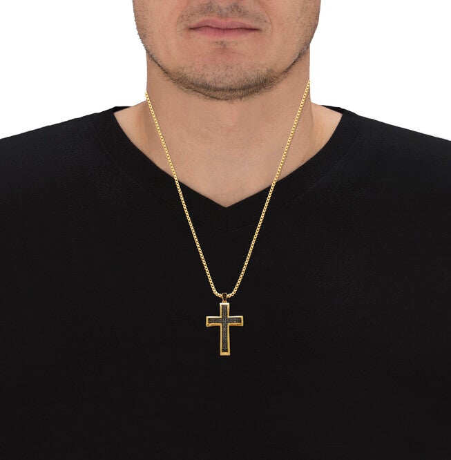 Men's .65 TCW Black Cubic Zirconia Cross Pendant Necklace Gold-Plated 24 Inches, BLACK, alternate image number null