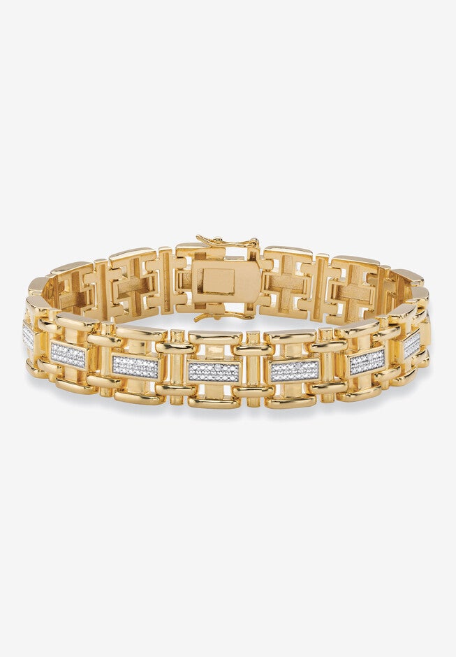 Men's Yellow Gold Plated Link Bracelet (14mm), Genuine Diamond Accent 9.5 inches, GOLD, hi-res image number null