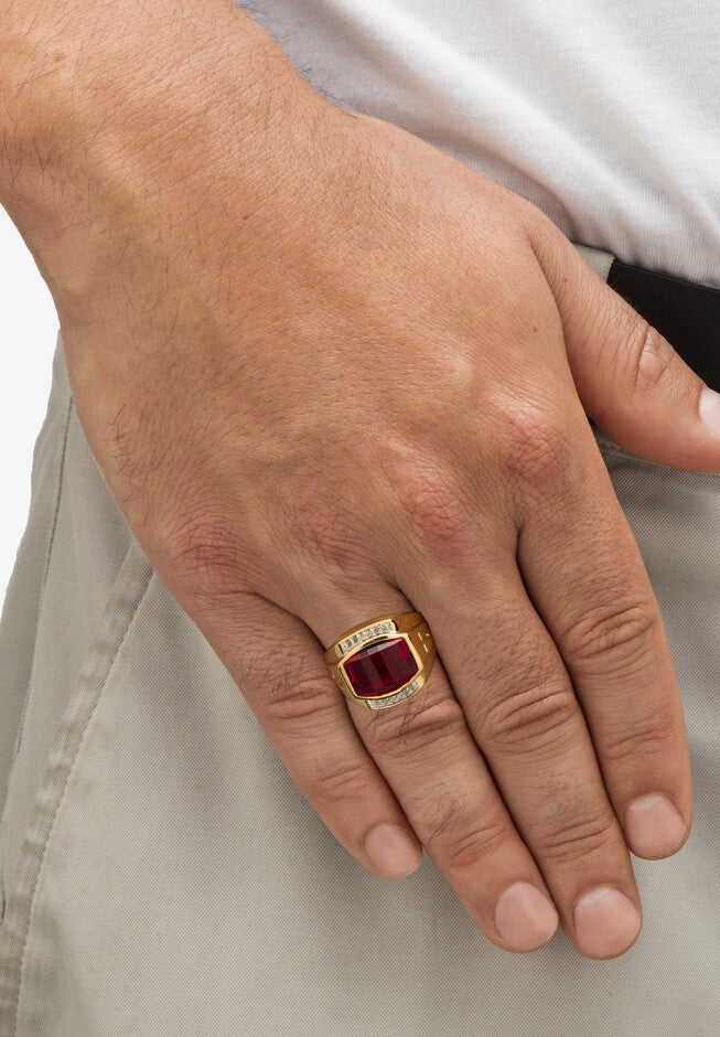 Men's Yellow Gold-Plated Created Ruby White and Diamond Accent Ring, , alternate image number 2