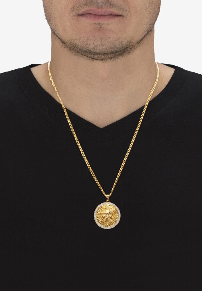 Unisex Yellow Gold-Plated Round Cubic Zirconia Lion Head Pendant 1 1/10 Cttw, , alternate image number null