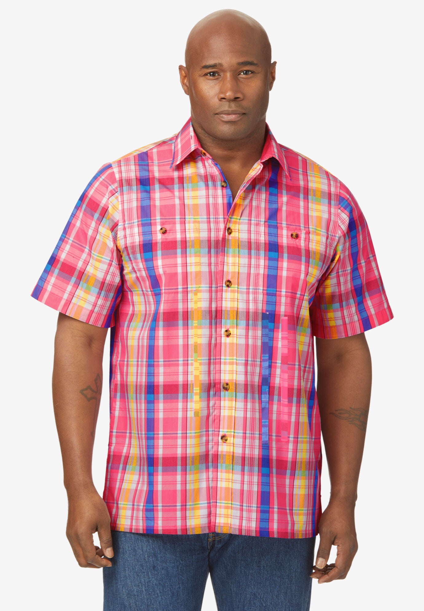 Plaid Short Sleeve Button Down Shirt Pink Plaid King Size