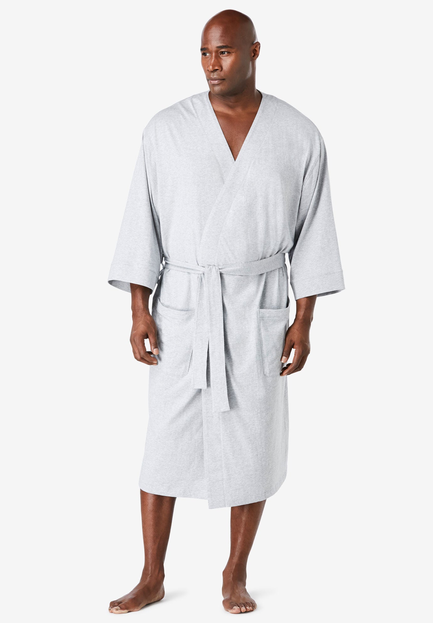 Relaxed Cotton Jersey Robe with Pockets, Heather Grey King Size