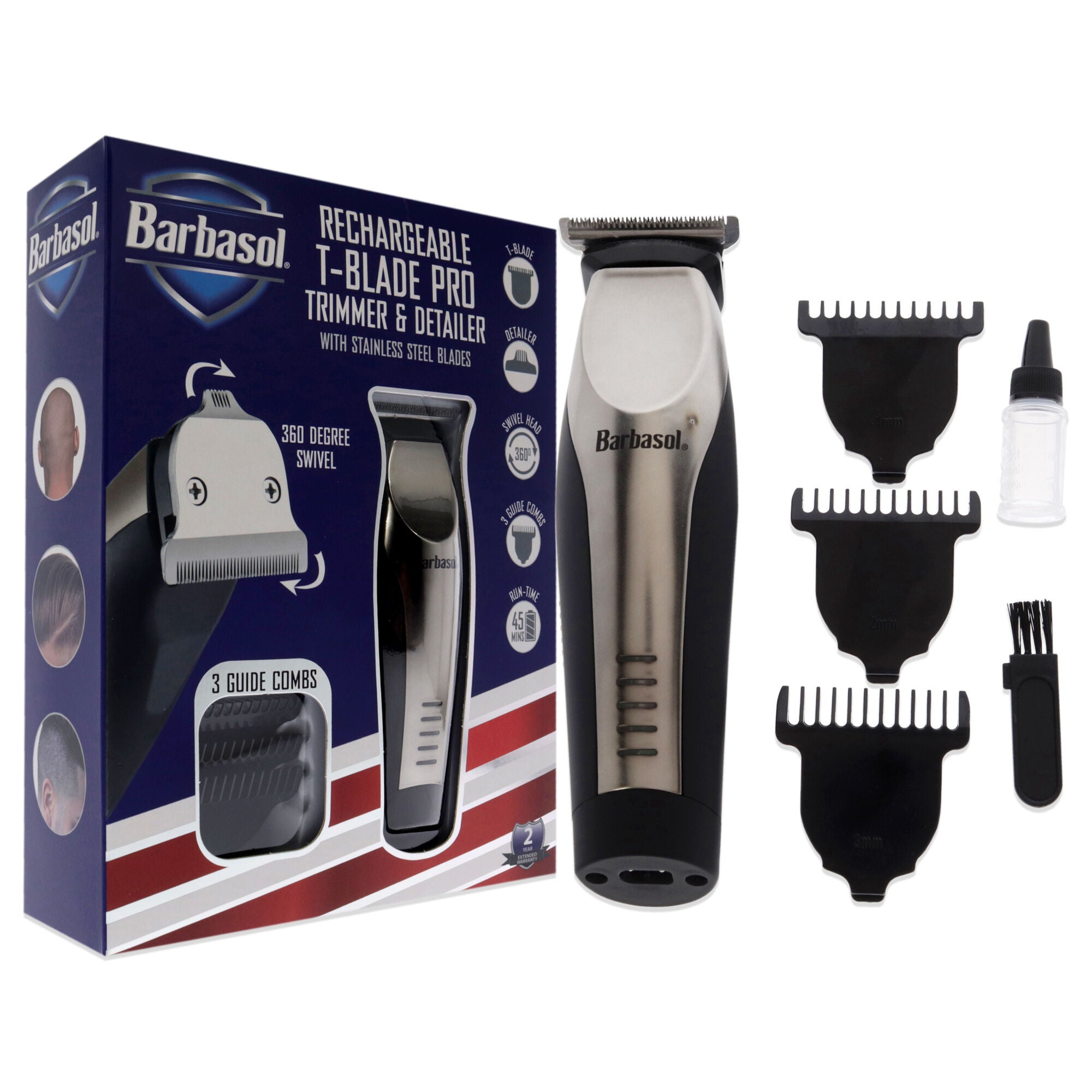 Rechargeable T-Blade Pro Trimmer and Detailer by Barbasol for Men - 8 Pc T-Blade, Trimmer, 3 Guide Combs, Detailer, Cleansing Brush, Oil, , alternate image number 5