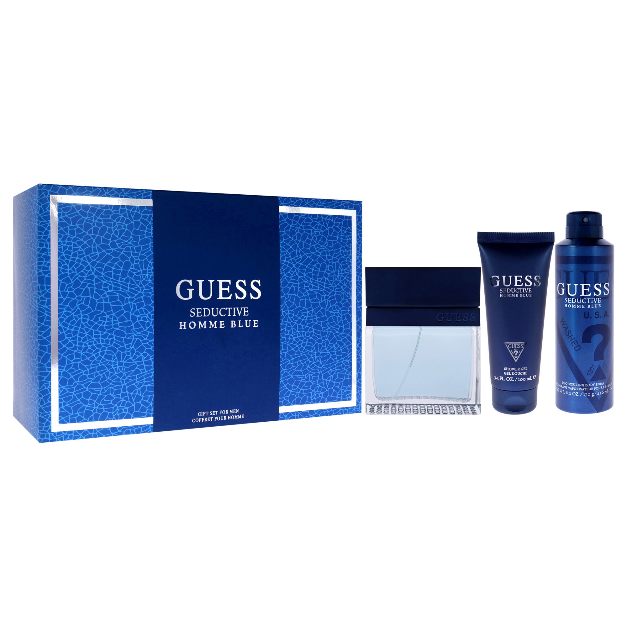 Seductive Homme Blue by Guess for Men - 4 Pc Gift Set 3.4oz EDT Spray, 6oz Deodorant Body Spray, 3.4oz Shower Gel, Pouch, See Description, alternate image number 1