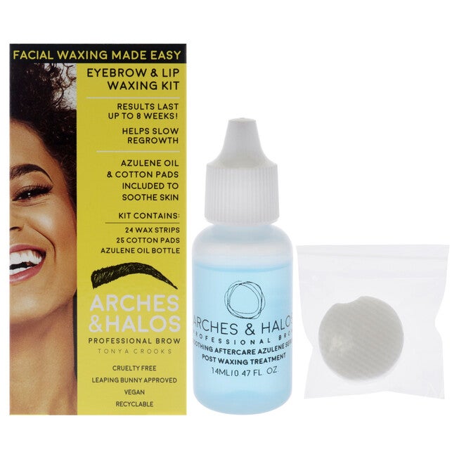 Eyebrow and Lip Waxing Kit by Arches and Halos for Women - 50 Pc 24 Wax Strips, 25 Cotton Pads, 0.47oz Azulene Oil, NA, hi-res image number null