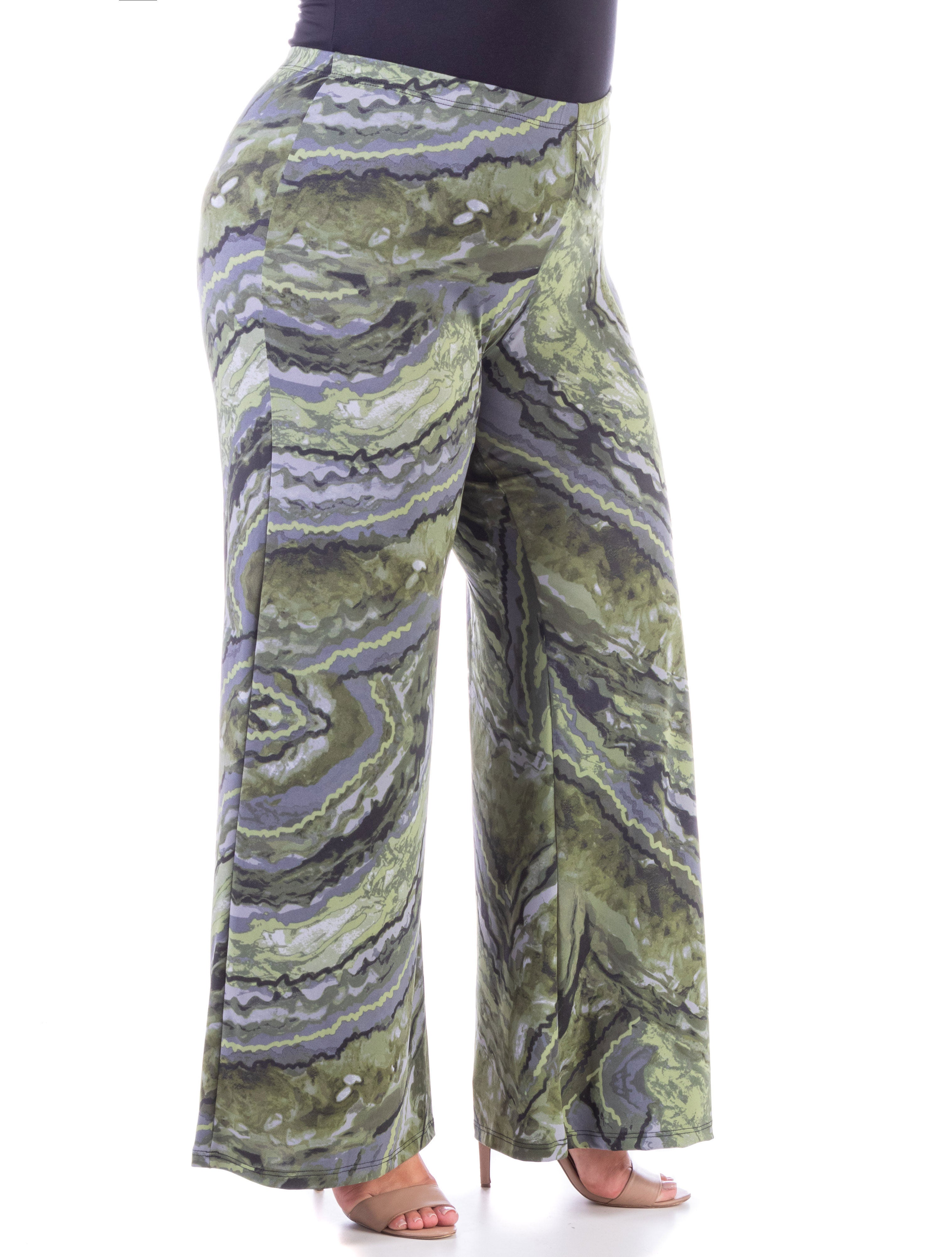 Sage Green Print Elastic Waist Plus Size Palazzo Pants, , alternate image number 2