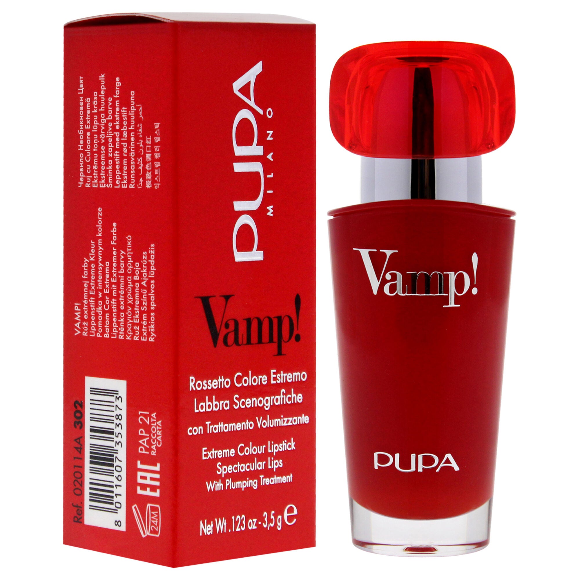 Vamp! Extreme Colour Lipstick with Plumping Treatment - 302 Ruby Red by Pupa Milano for Women - 0.123 oz Lipstick, See Description, alternate image number 2