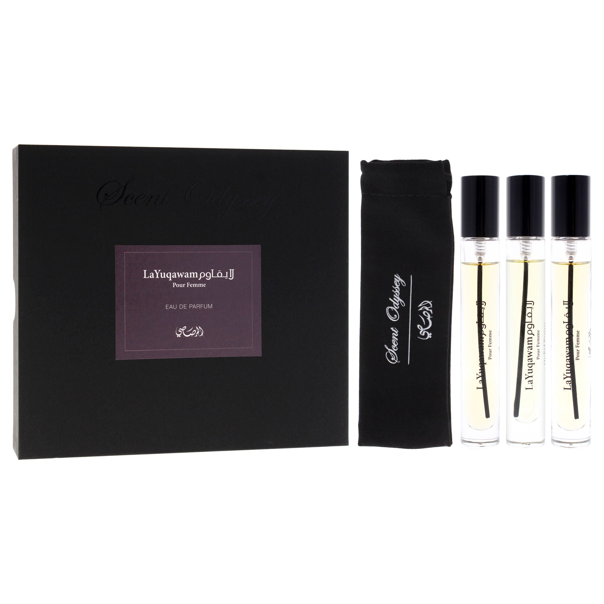 Scent Odyssey - La Yuqawam by Rasasi for Women - 3 Pc Mini Gift Set 0.25oz LaYuqawam Pour Femme EDP Spray, 0.25oz Jasmine Wisp EDP Spray, 0.25oz Orchid Prairie EDP Spray, Clear, alternate image number 2