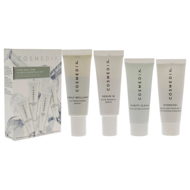 Even Skin Tone Essentials Kit by Cosmedix for Unisex - 4 Pc 0.5oz Purity Clean, 0.5oz Simply Brilliant, 0.5oz Serum 16, 0.5oz Hydrate Plus, NA, alternate image number null