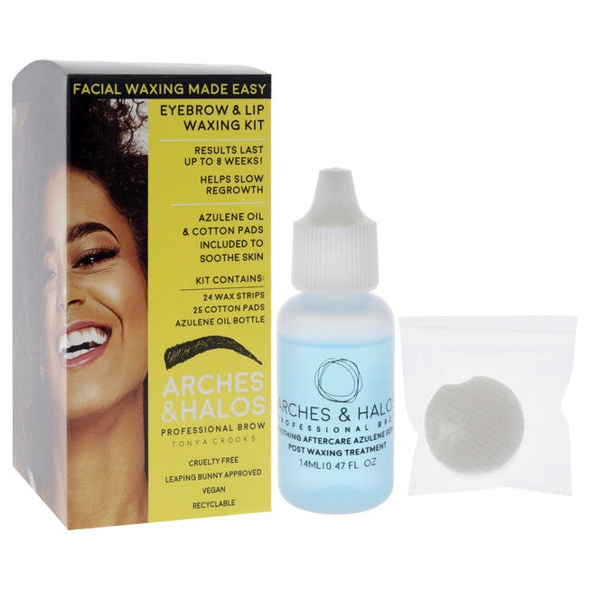 Eyebrow and Lip Waxing Kit by Arches and Halos for Women - 50 Pc 24 Wax Strips, 25 Cotton Pads, 0.47oz Azulene Oil, NA, alternate image number null
