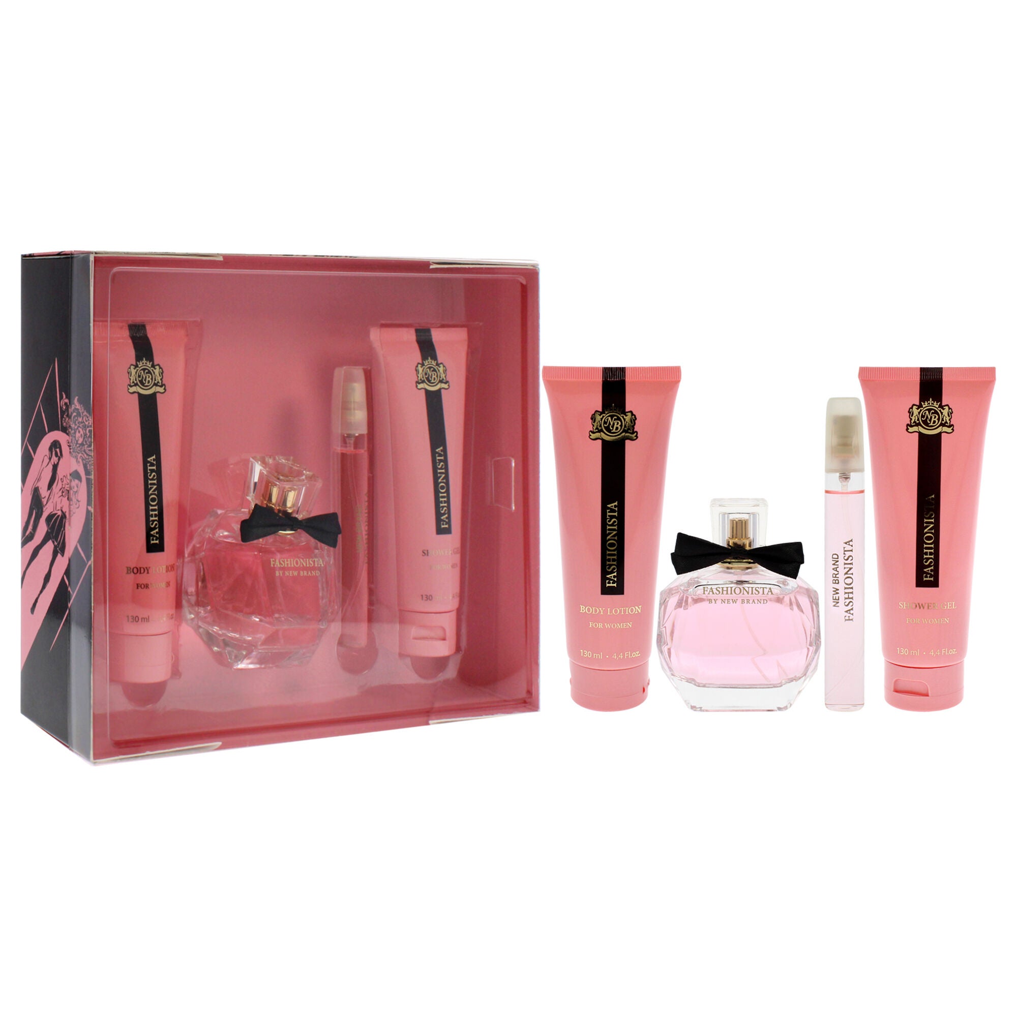 Prestige Fashionista by New Brand for Women - 4 Pc Gift Set 3.4oz EDP Spray, 0.5oz EDP Spray, 4.4oz Shower Gel, 4.4oz Body Lotion, See Description, alternate image number 2