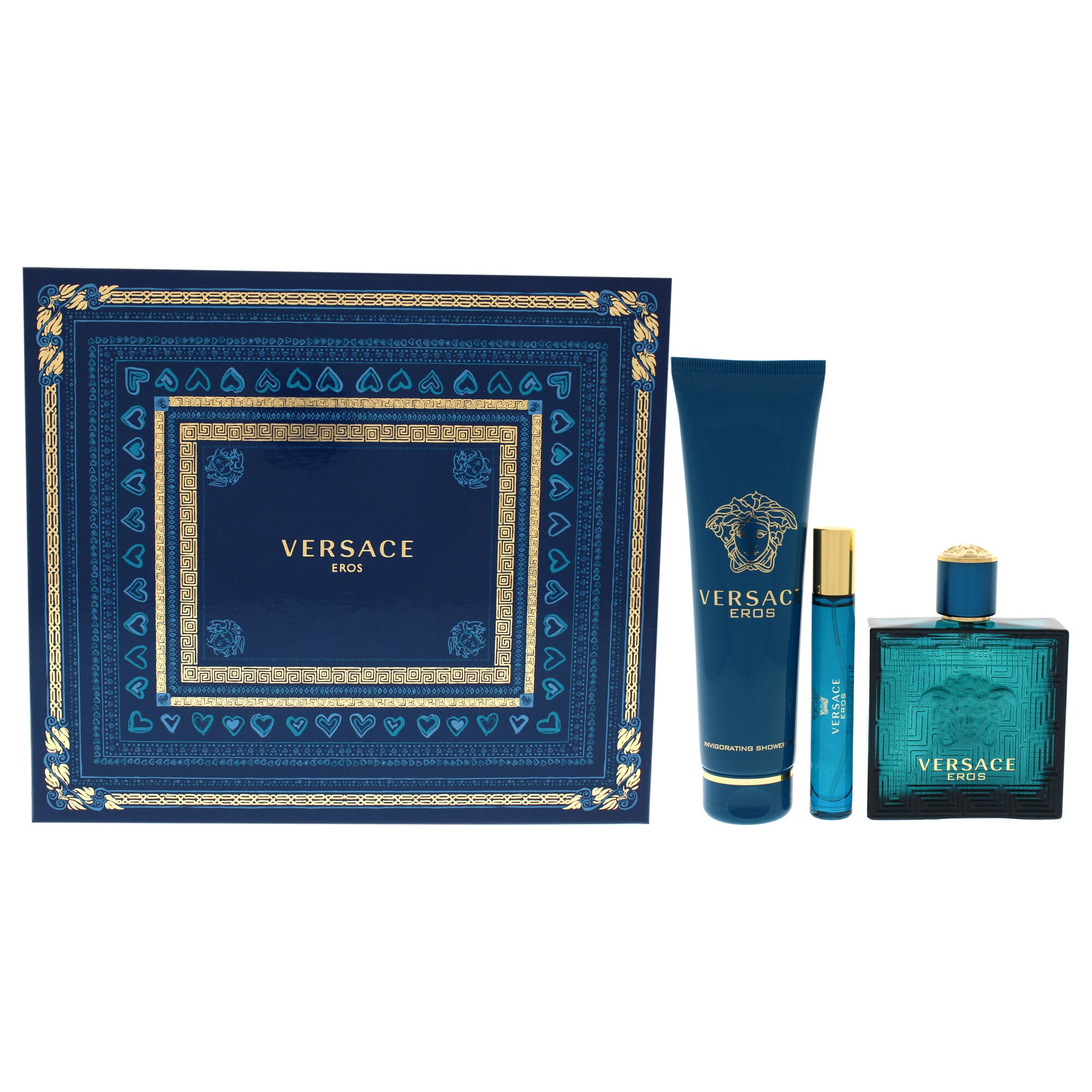 Versace Eros by Versace for Men - 3 Pc Gift Set 3.4oz EDT Spray, 0.3oz EDT Spray, 5.0oz Invigorating Shower Gel, See Description, hi-res image number 0