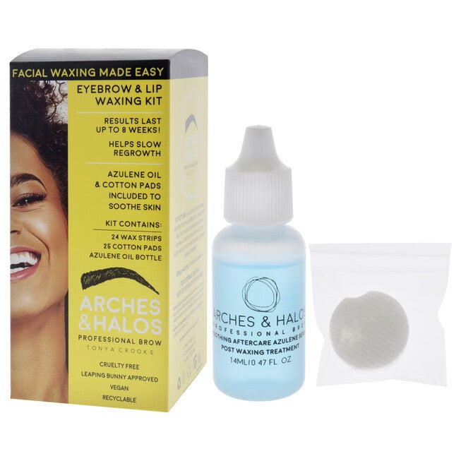 Eyebrow and Lip Waxing Kit by Arches and Halos for Women - 50 Pc 24 Wax Strips, 25 Cotton Pads, 0.47oz Azulene Oil, NA, alternate image number null